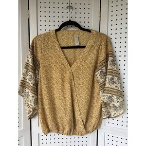 Allison Joy 3/4 SLV V Neck Mustard Yellow Fall Floral Women's XS Wrap Blouse
